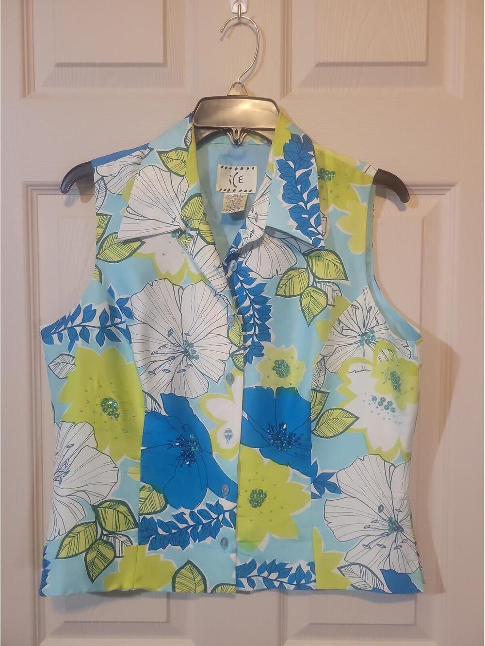 Vintage ICE Sleeveless Floral Button-Up Top with Beaded Detail